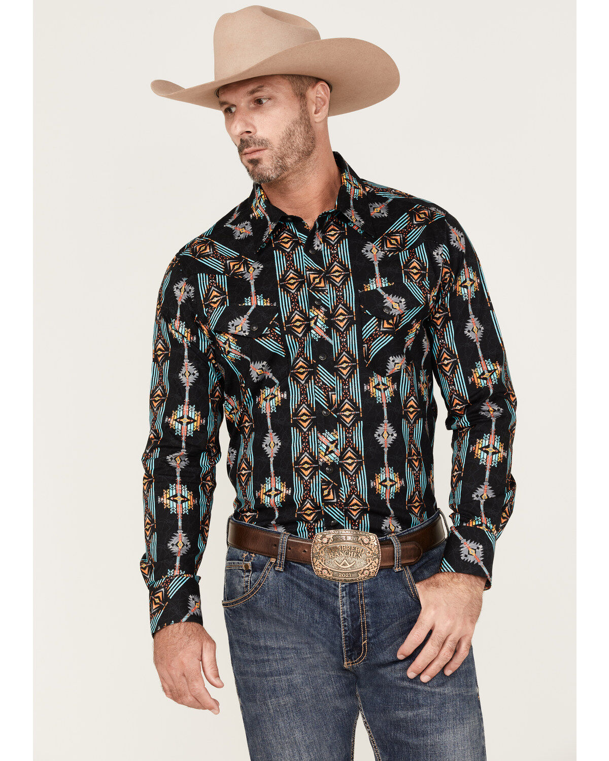 Men's Rock & Roll Denim Vertical Southwestern Print Long Sleeve Snap W