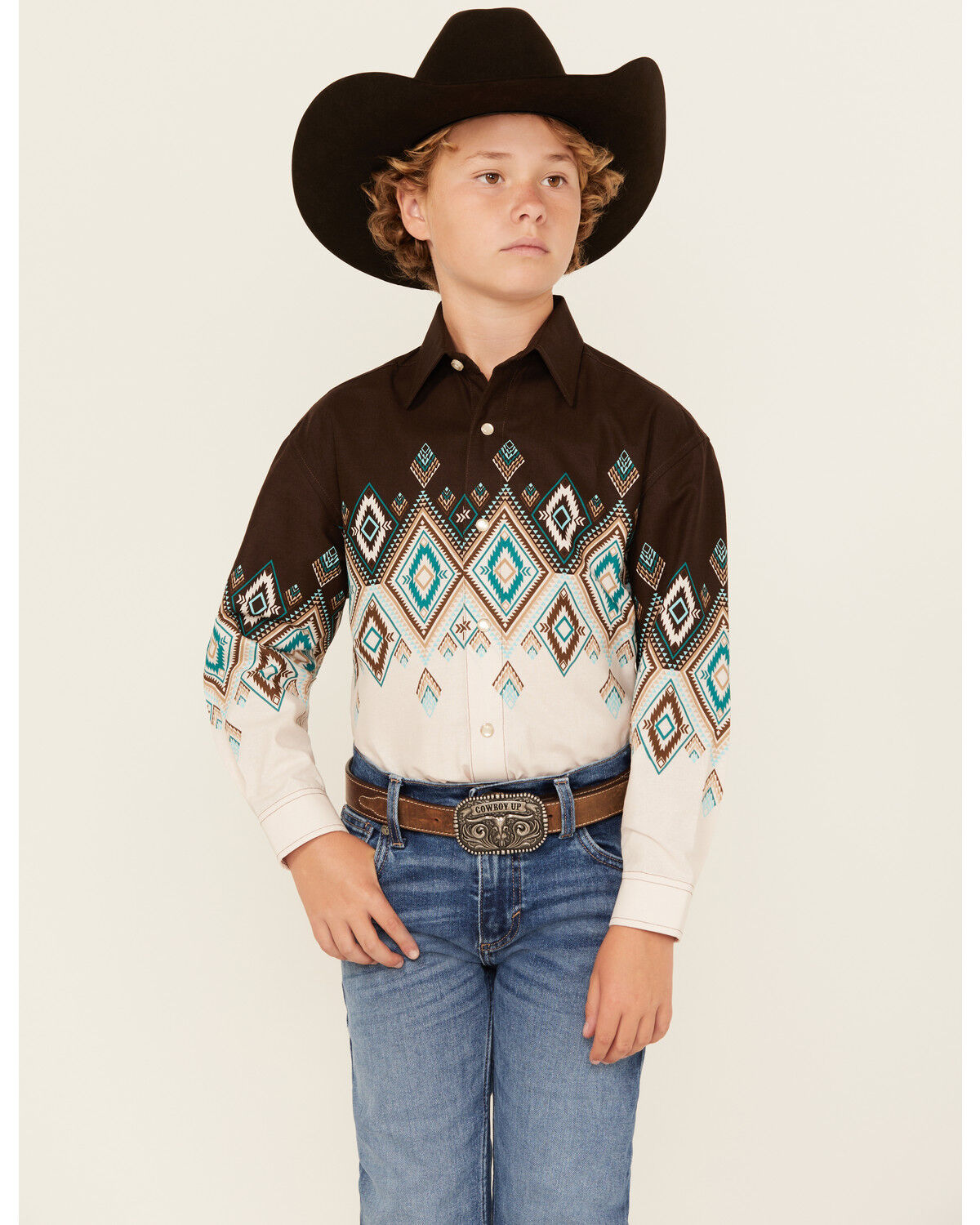 Boys' Panhandle Southwestern Print Border Long Sleeve Snap Western Shi