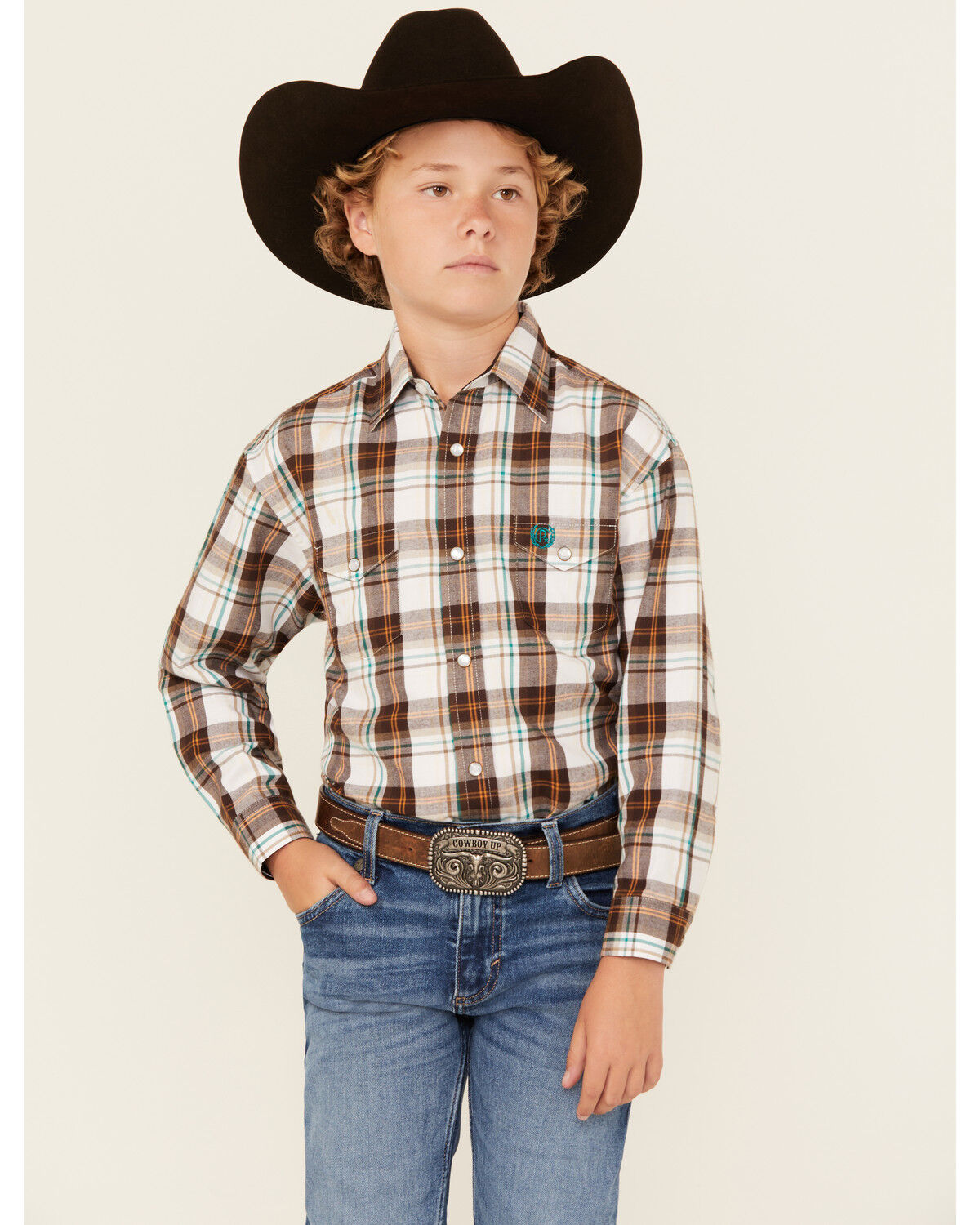 Boys' Panhandle Plaid Print Long Sleeve Pearl Snap Western Shirt