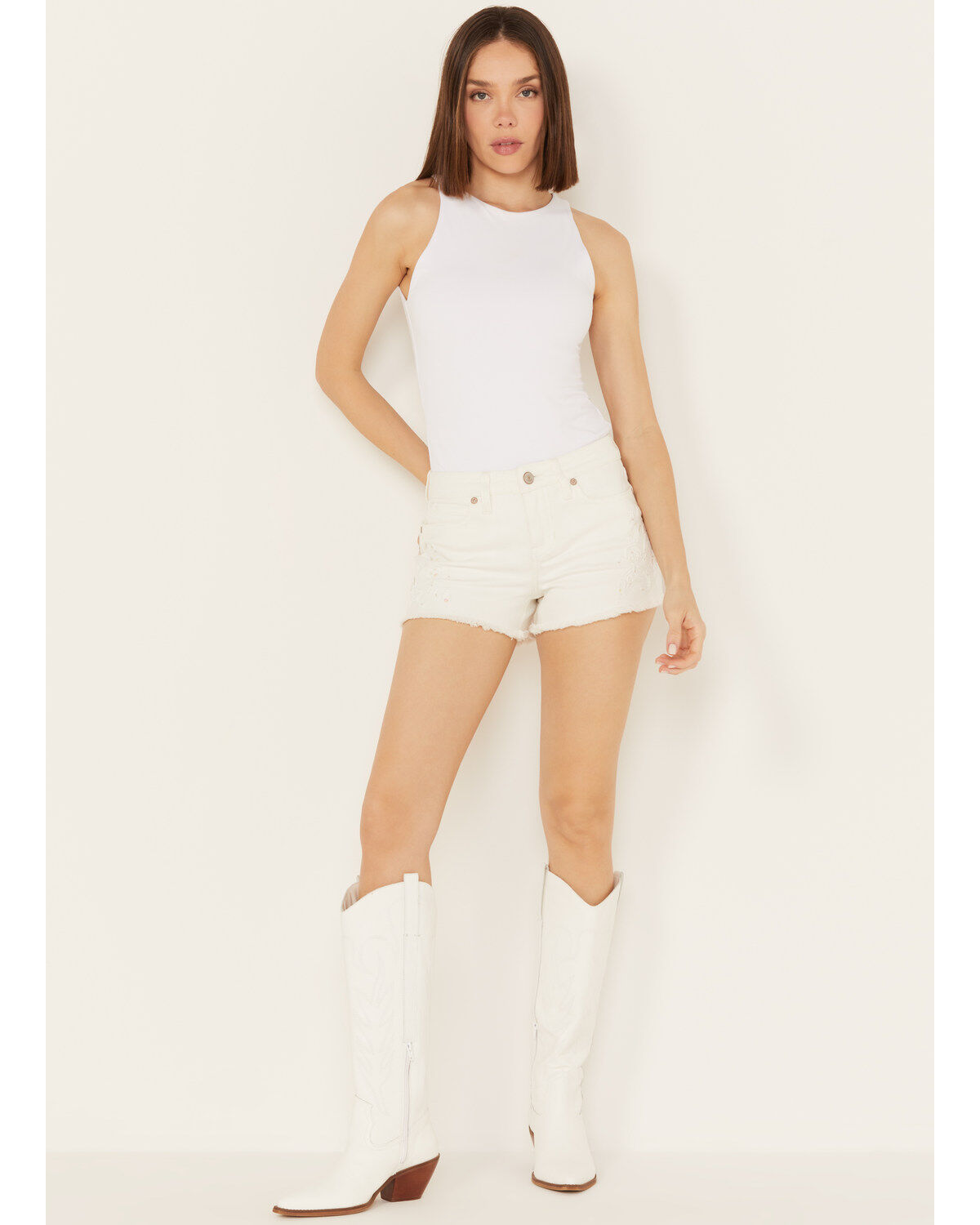 Women's Shyanne Bridal Mid Rise Lace Denim Shorts