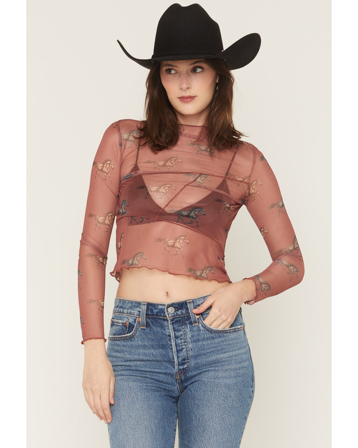 Women's Rock & Roll Denim Horse Print Long Sleeve Mesh Top