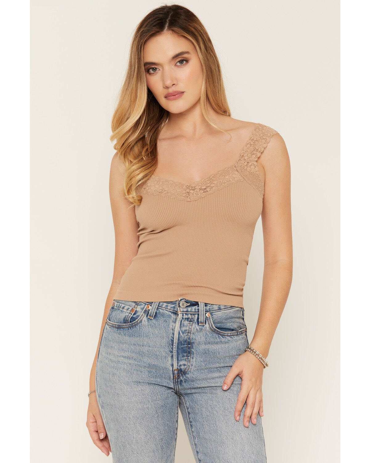 Women's By Together Solid Lace Trim Sleeveless Tank Top