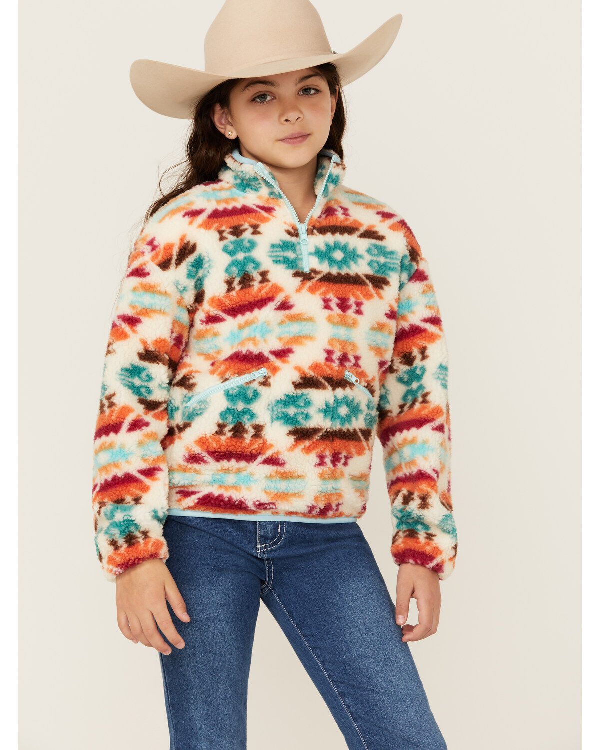 Girls' Rock & Roll Denim Southwestern Print Sherpa Pullover