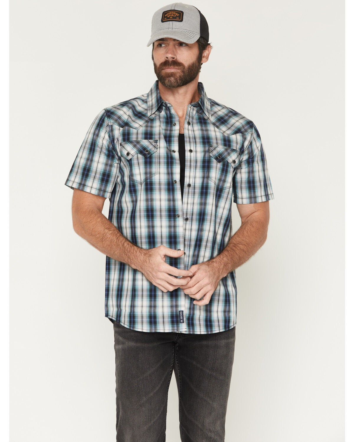 Men's Moonshine Spirit Purple Hazer Plaid Print Short Sleeve Snap Wes