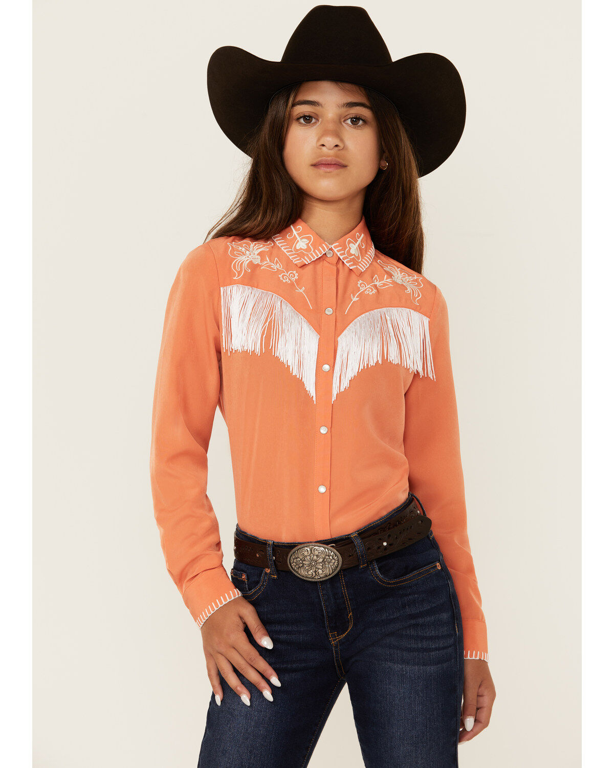 Girls' Rock & Roll Denim Fringe Long Sleeve Pearl Snap Western Shirt
