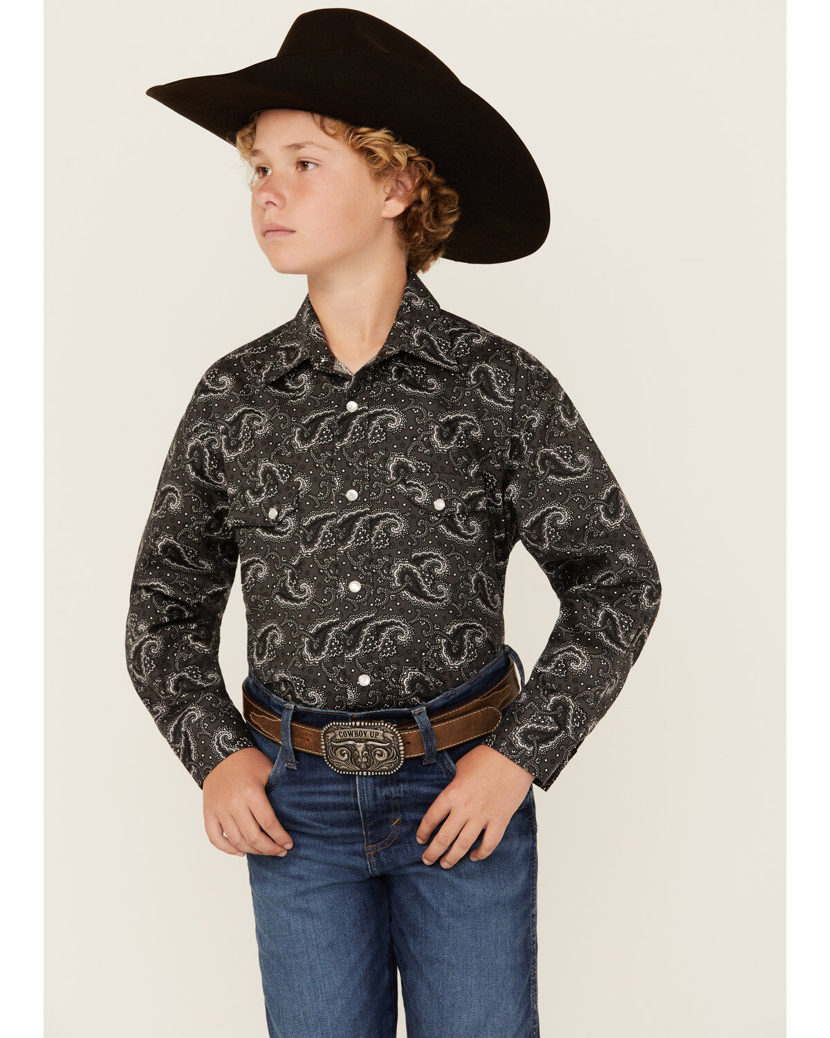 Boys' Rock & Roll Denim Paisley Print Long Sleeve Pearl Snap Western S