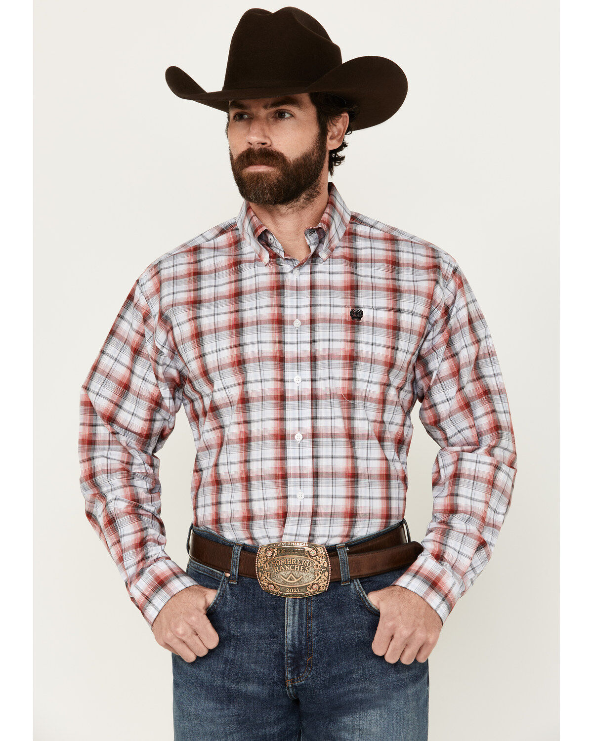 Men's Cinch Plaid Print Long Sleeve Button-Down Western Shirt