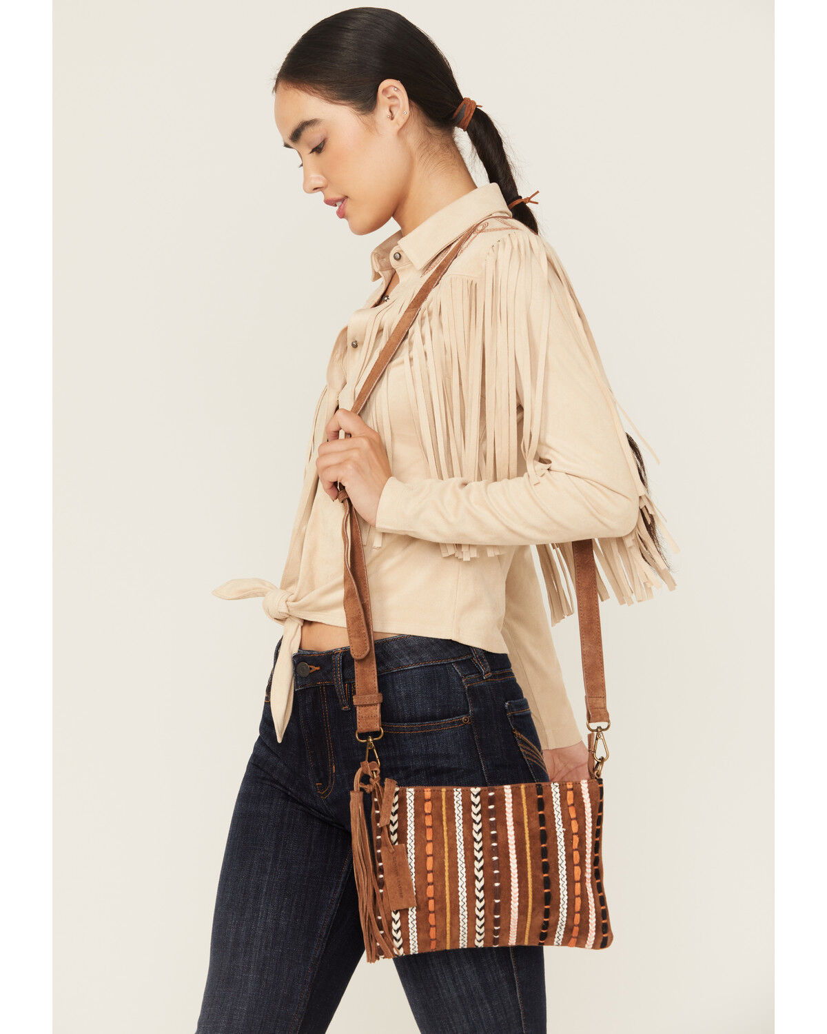 Women's Shyanne Wysteria Suede Woven Striped Crossbody Bag