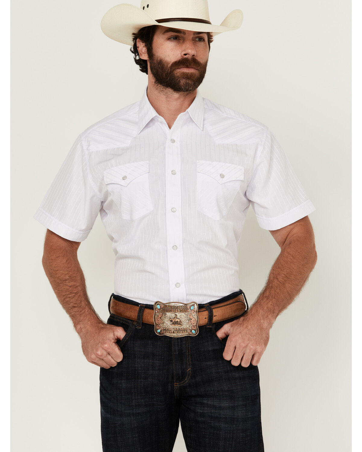 Men's Rodeo Clothing Tonal Satin Striped Short Sleeve Pearl Snap Weste
