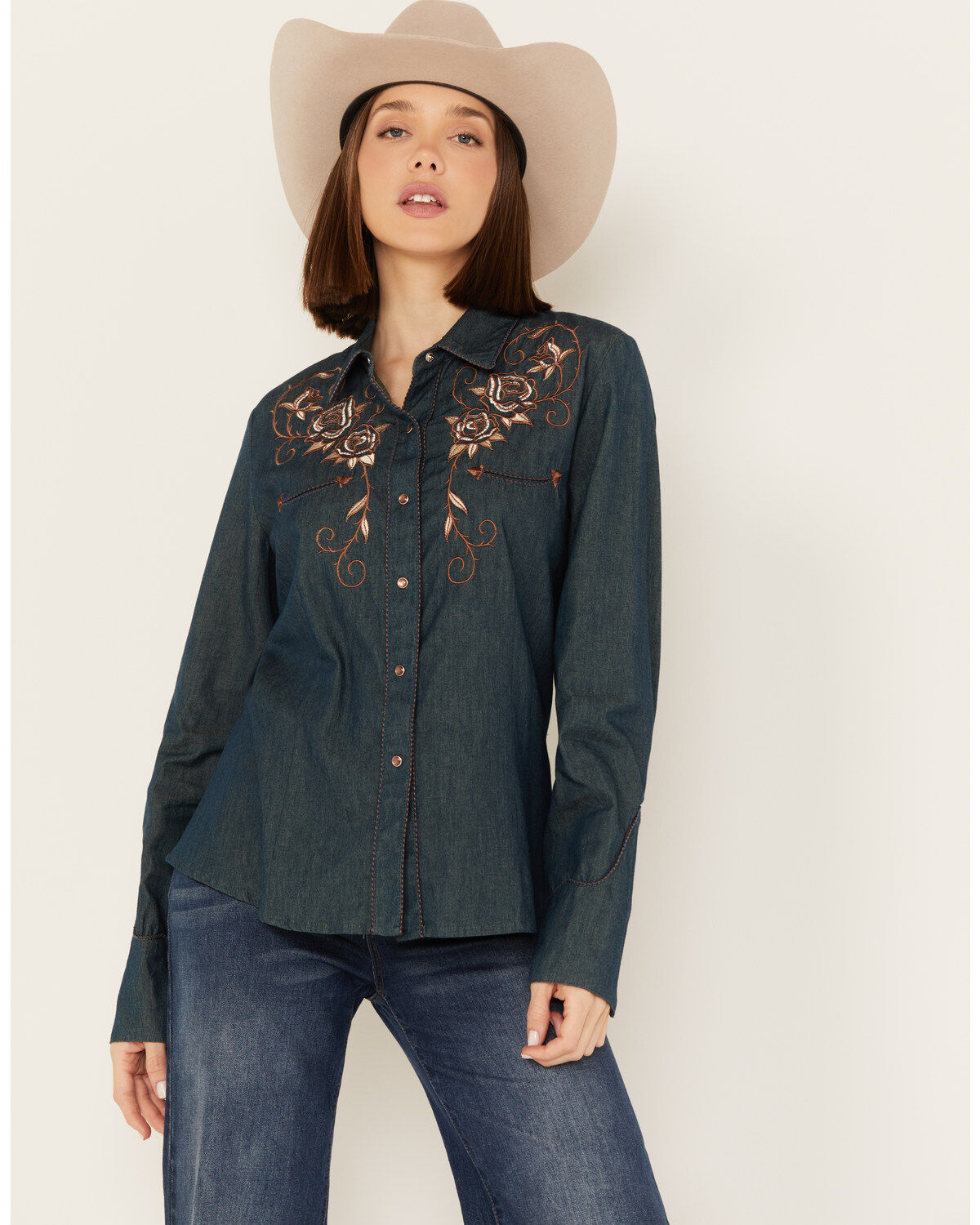 Women's Scully Rose Embroidered Denim Long Sleeve Pearl Snap Western S