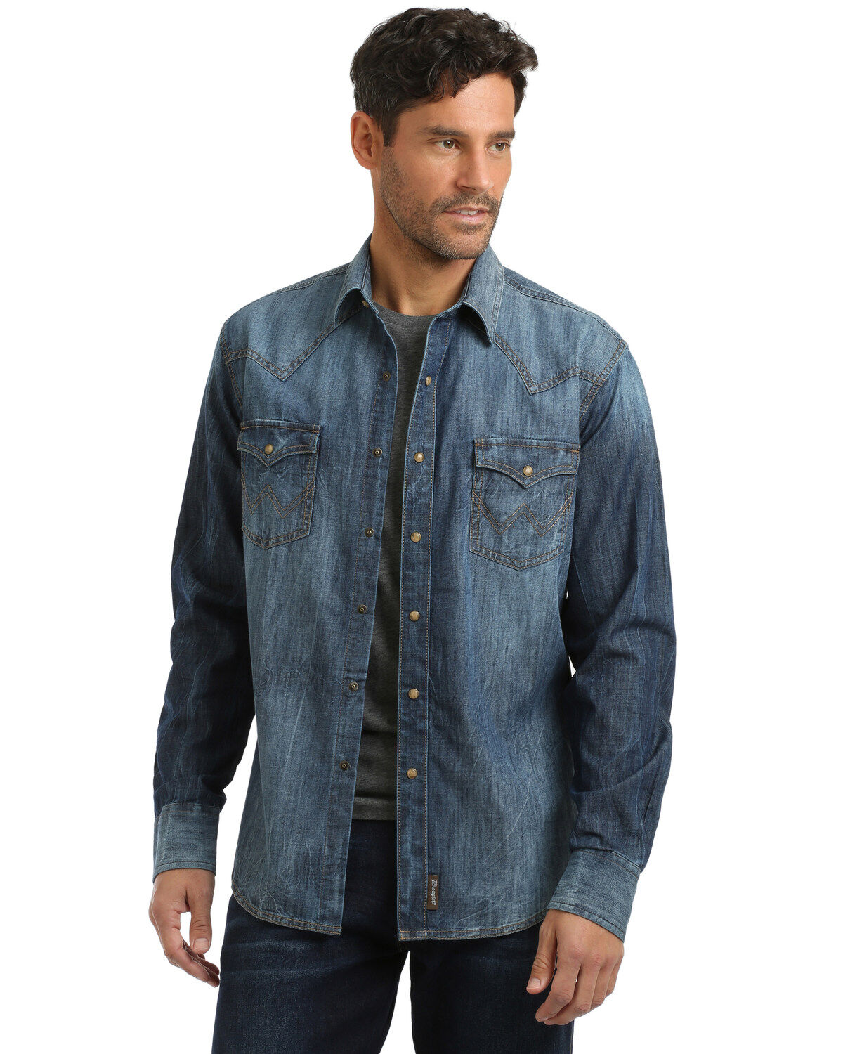 Men's Wrangler Retro Premium Snap Denim Long Sleeve Western Shirt