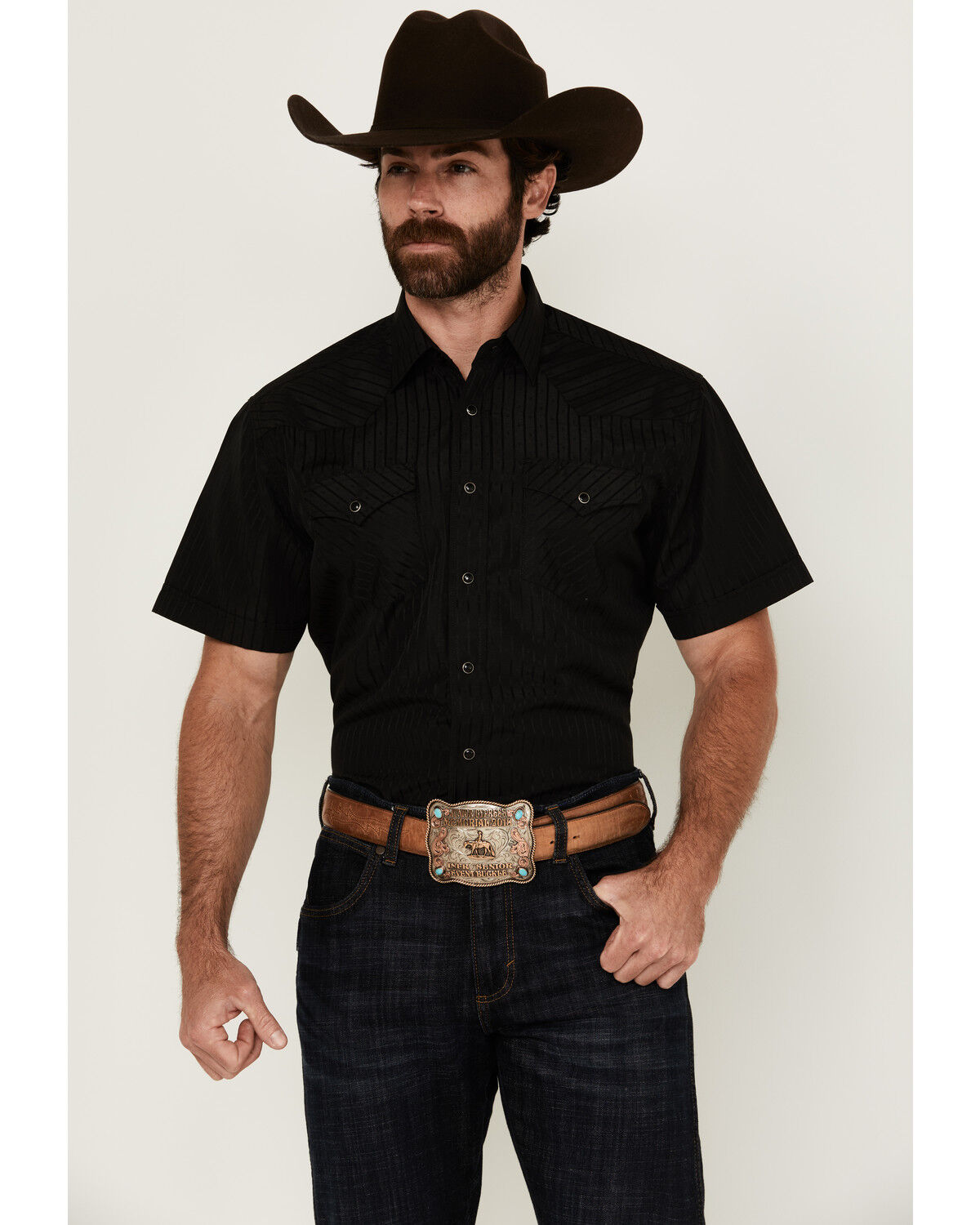 Men's Rodeo Clothing Tonal Satin Striped Short Sleeve Pearl Snap Weste