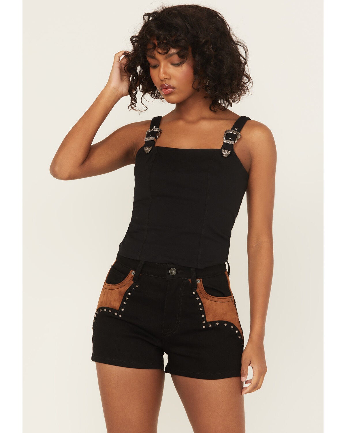 Rock & Roll Denim Women’s Buckle Tank Top in Black – Cropped Square Neck Western Sleeveless Shirt, Size Large