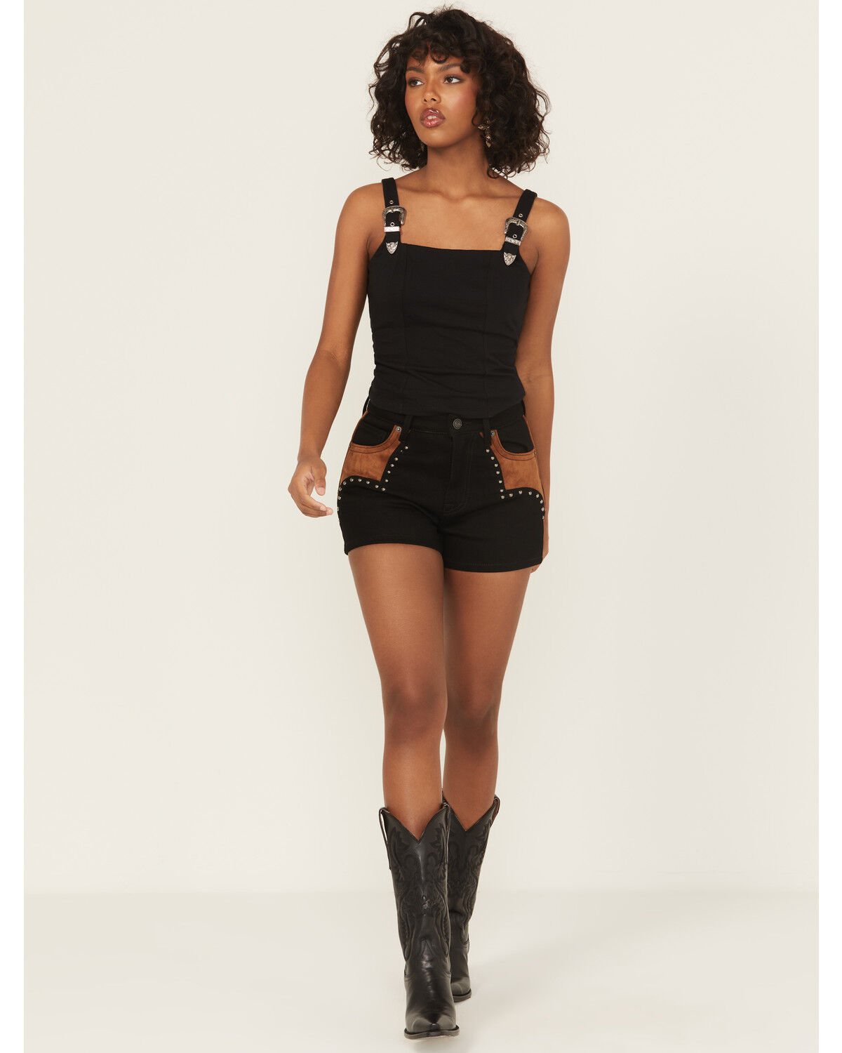 Women's Rock & Roll Denim Faux Suede High Rise Studded Shorts