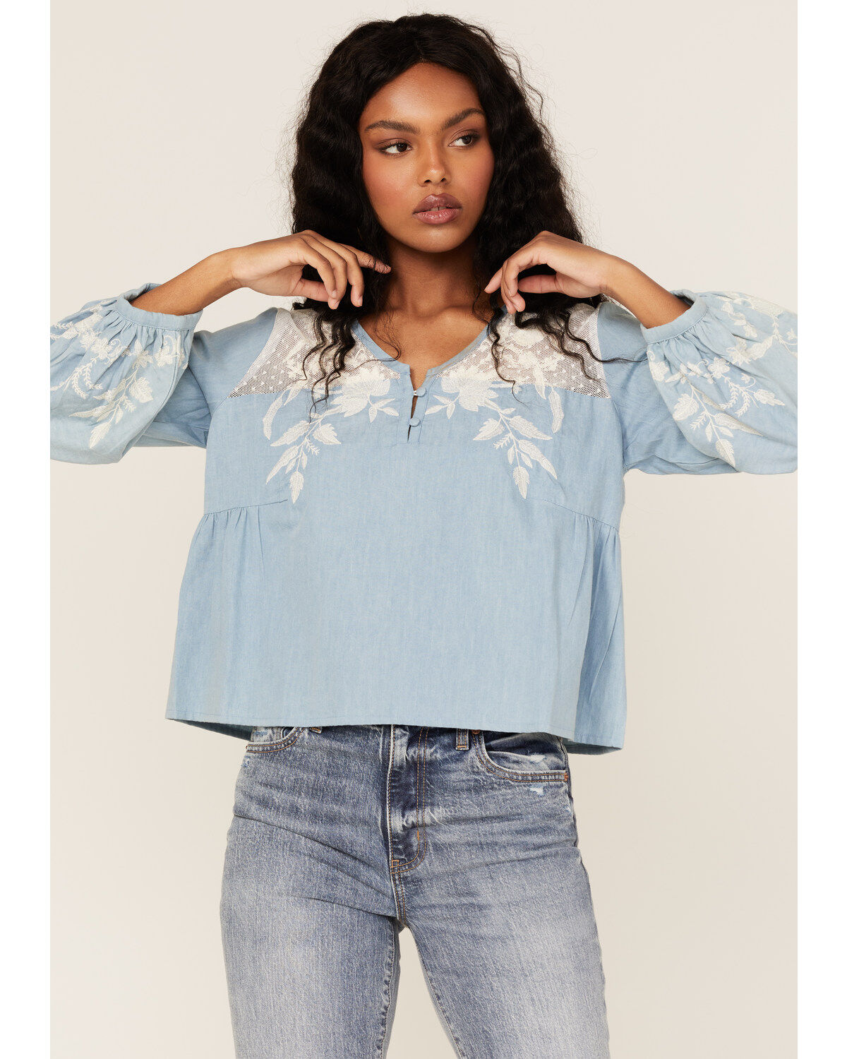 Women's Roper Denim Lace Embroidered Floral Peasant Top