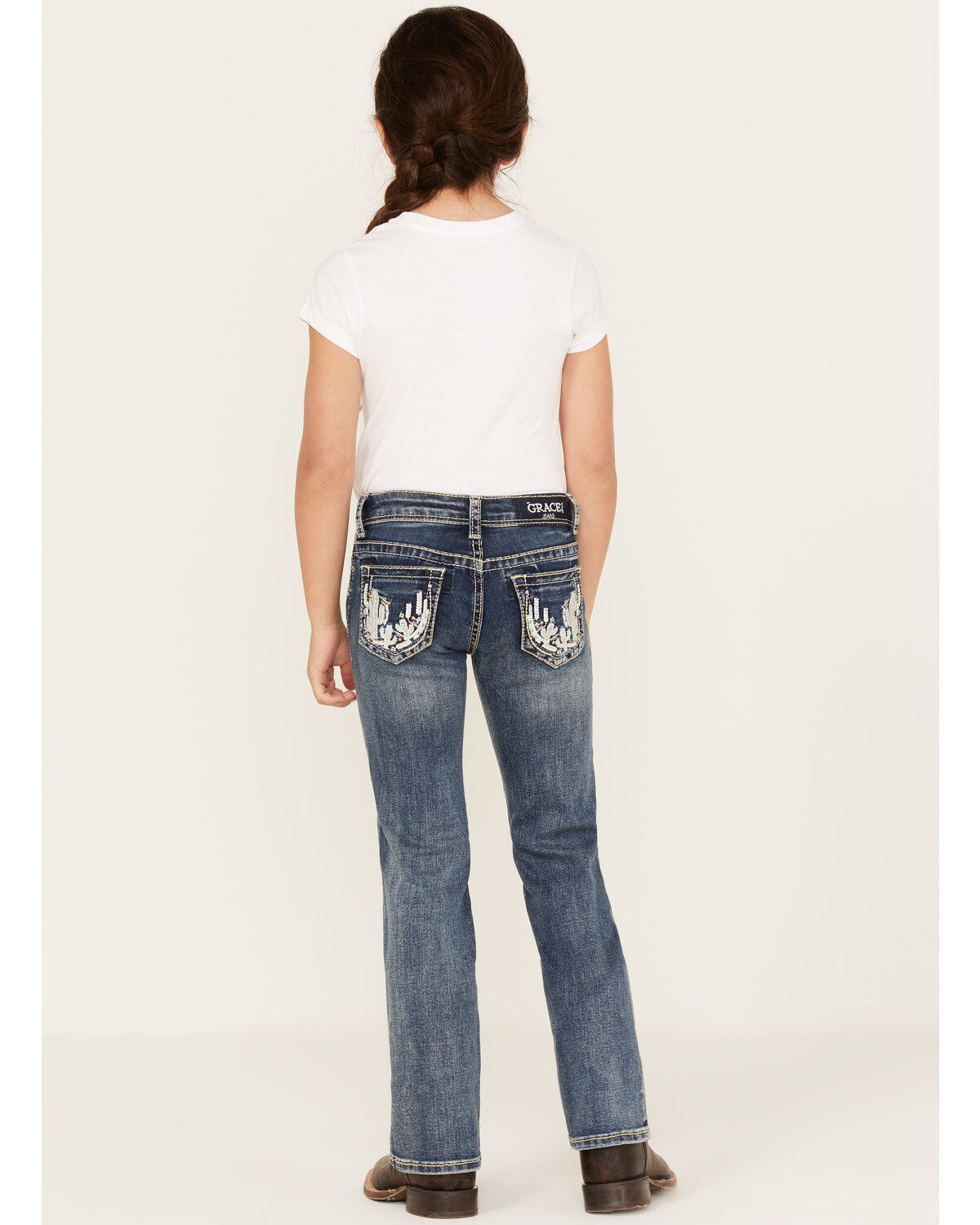 Girls' Grace in LA Medium Wash Mid Rise Embroidered Cactus Bootcut Jea