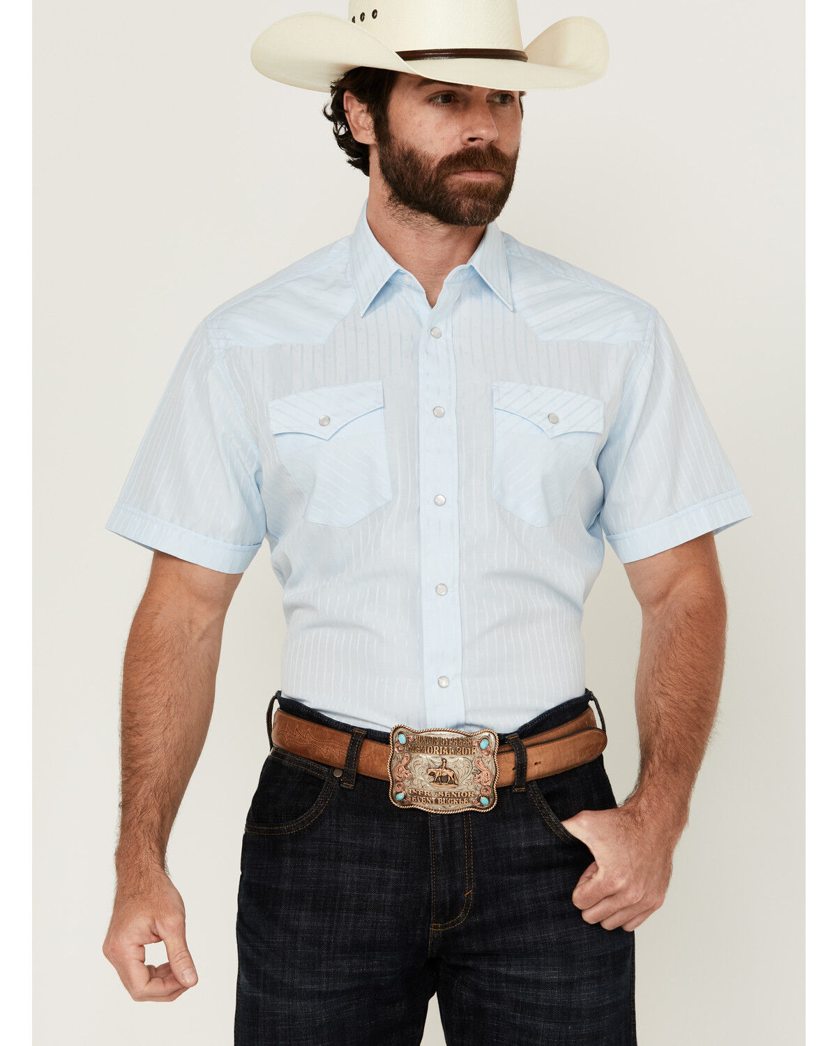 Men's Rodeo Clothing Tonal Satin Striped Short Sleeve Pearl Snap Weste