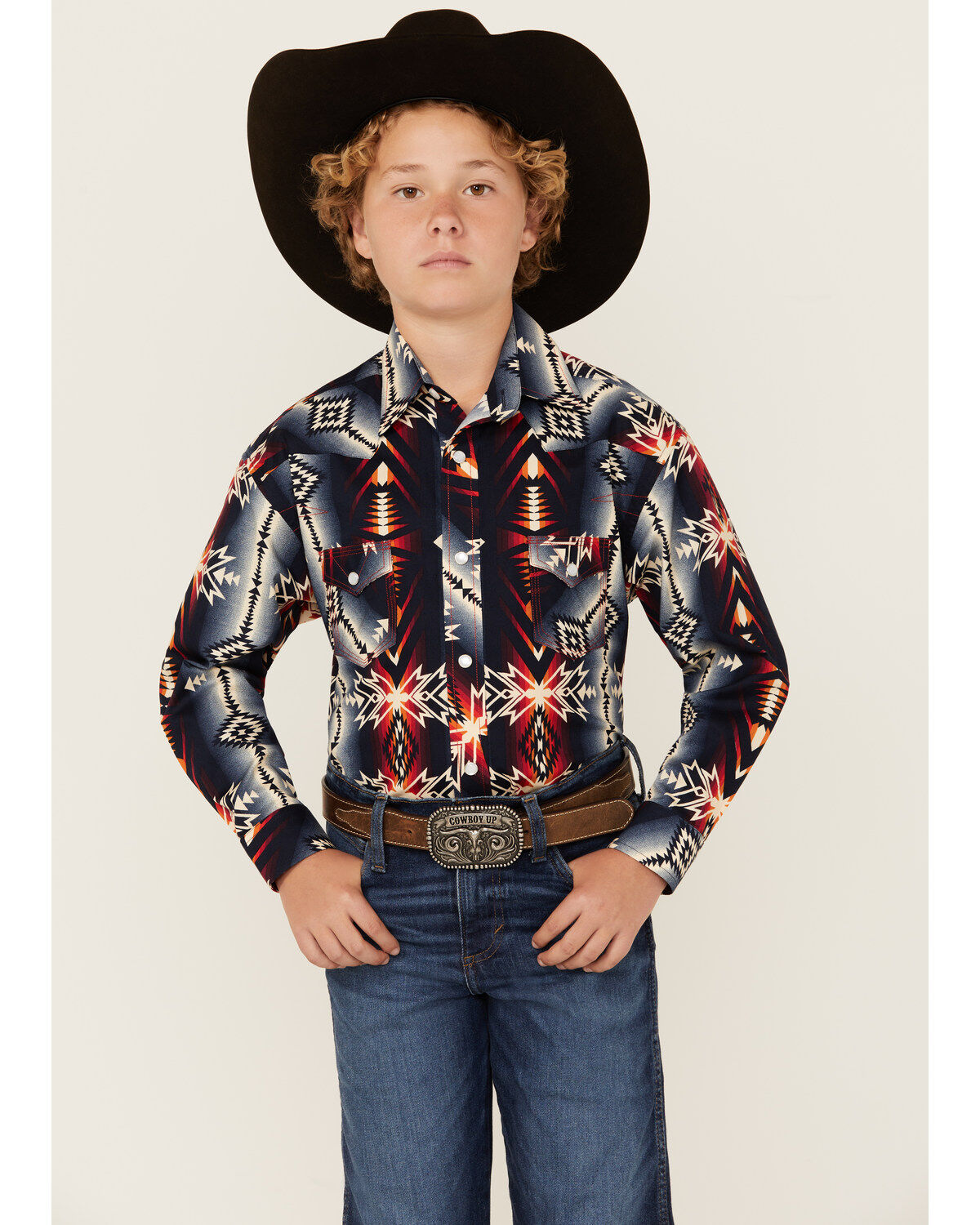 Boys' Rock & Roll Denim Southwestern Print Long Sleeve Pearl Snap Stre