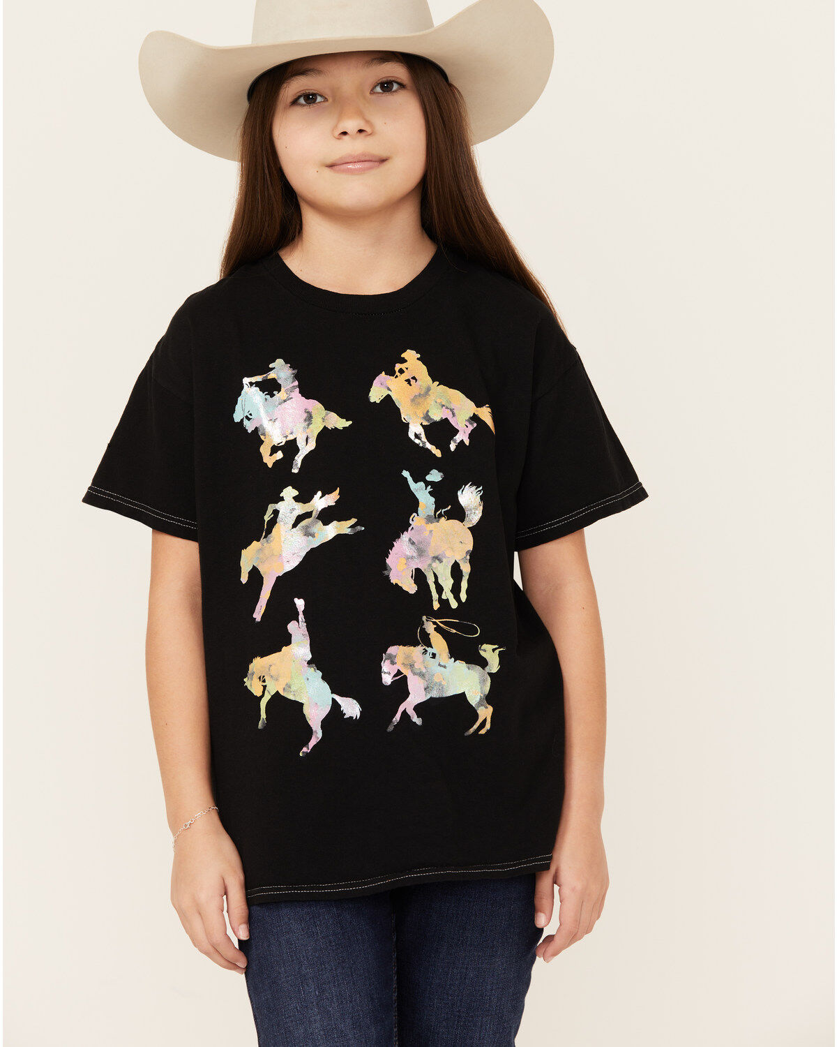Girls' American Highway Running Horse Metallic Short Sleeve Graphic Te