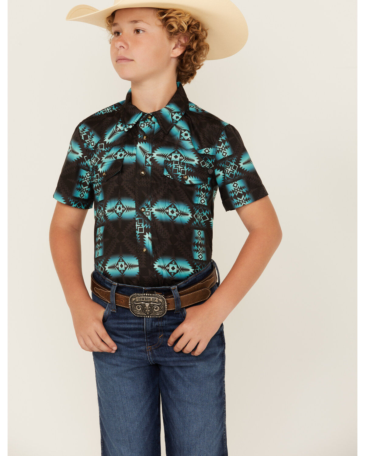 Boys' Rock & Roll Denim Southwestern Print Moisture Wicking Short Slee