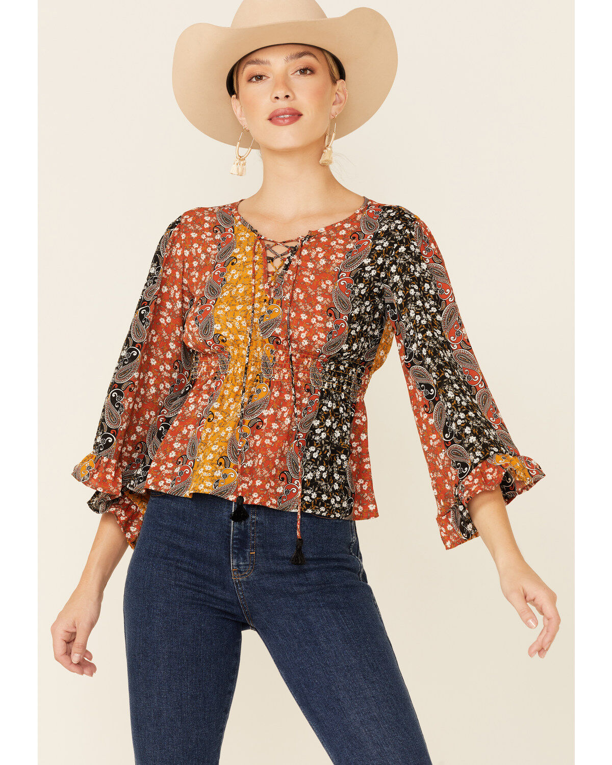Women's Shyanne Boho Floral Stripe Bell Sleeve Top