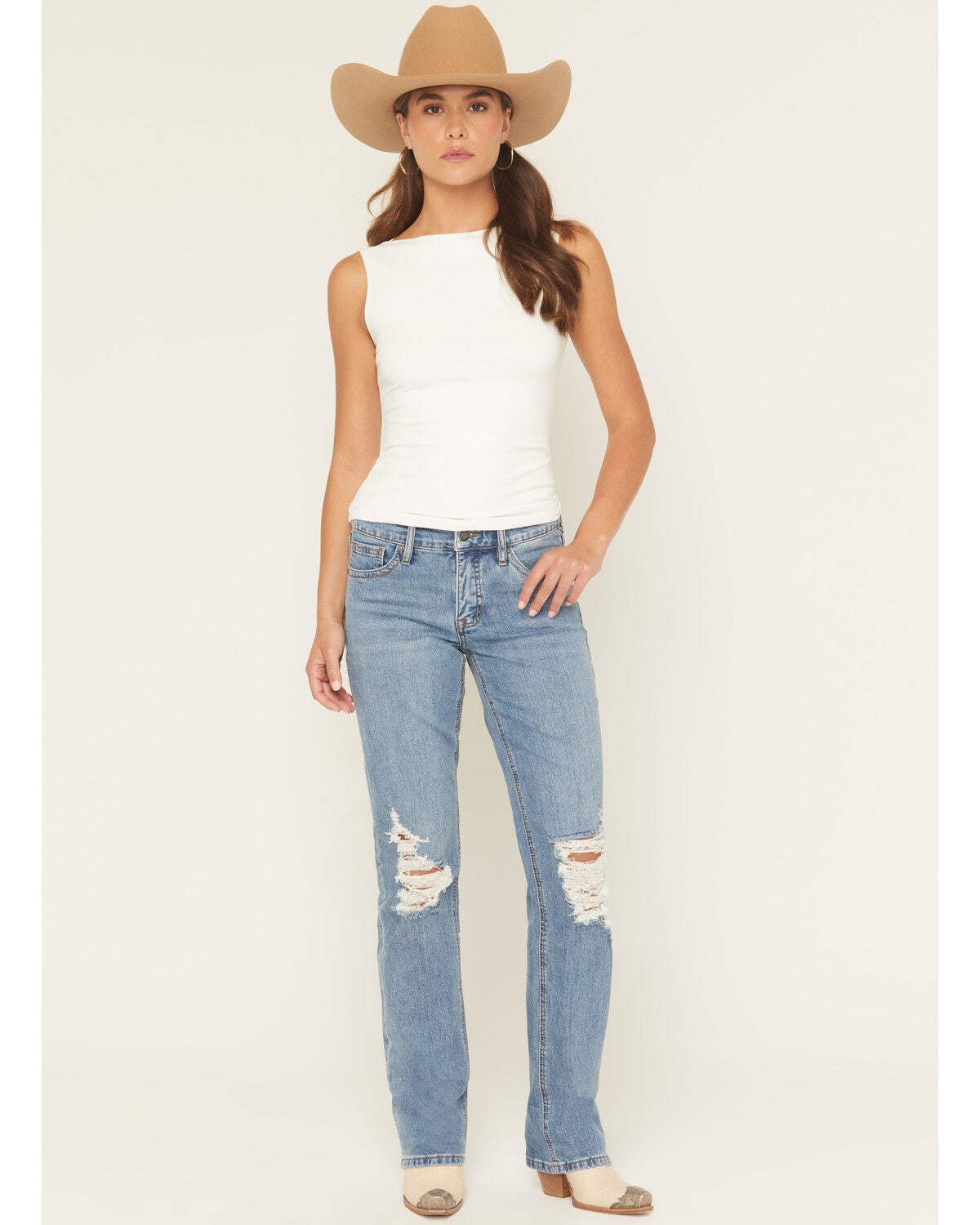 Women's Rock & Roll Denim Medium Wash High Rise Distressed Modest Boot