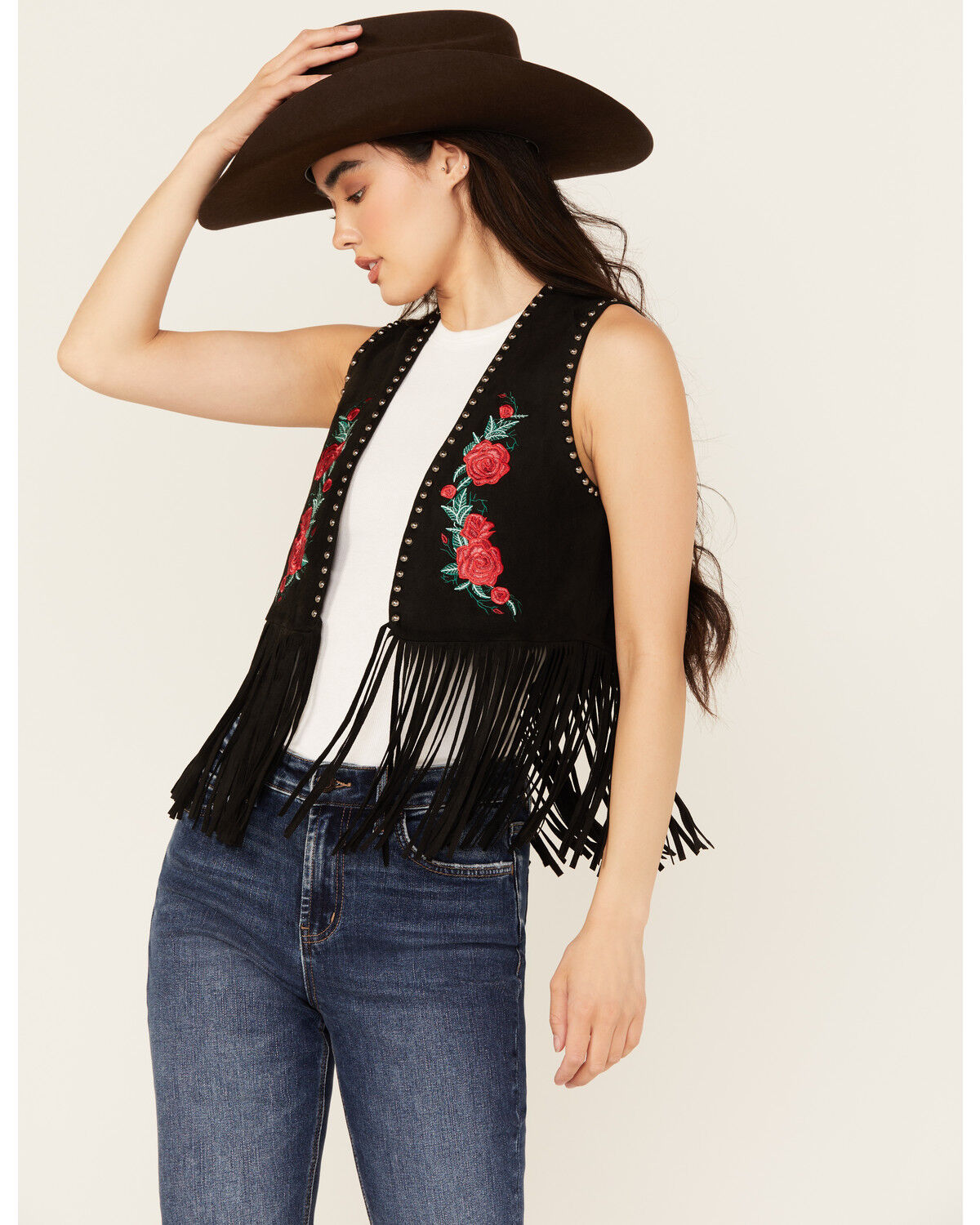 Women's Vocal Embroidered Rose Faux Suede Fringe Vest