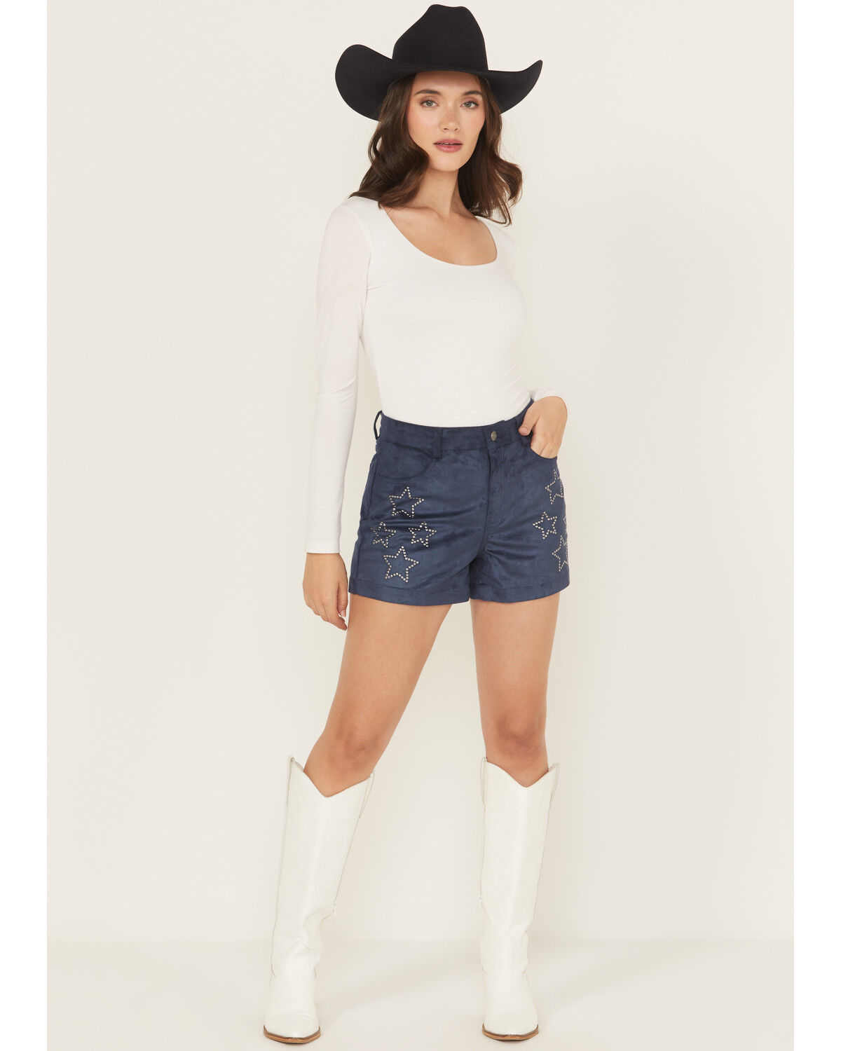 Women's Rock & Roll Denim High Rise Star Studded Microsuede Shorts