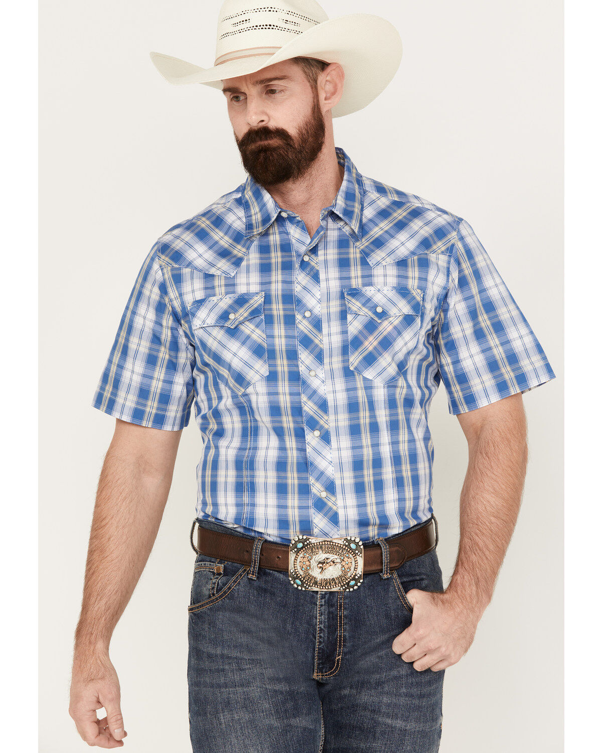 Men's Wrangler Fashion Plaid Print Short Sleeve Snap Western Shirt