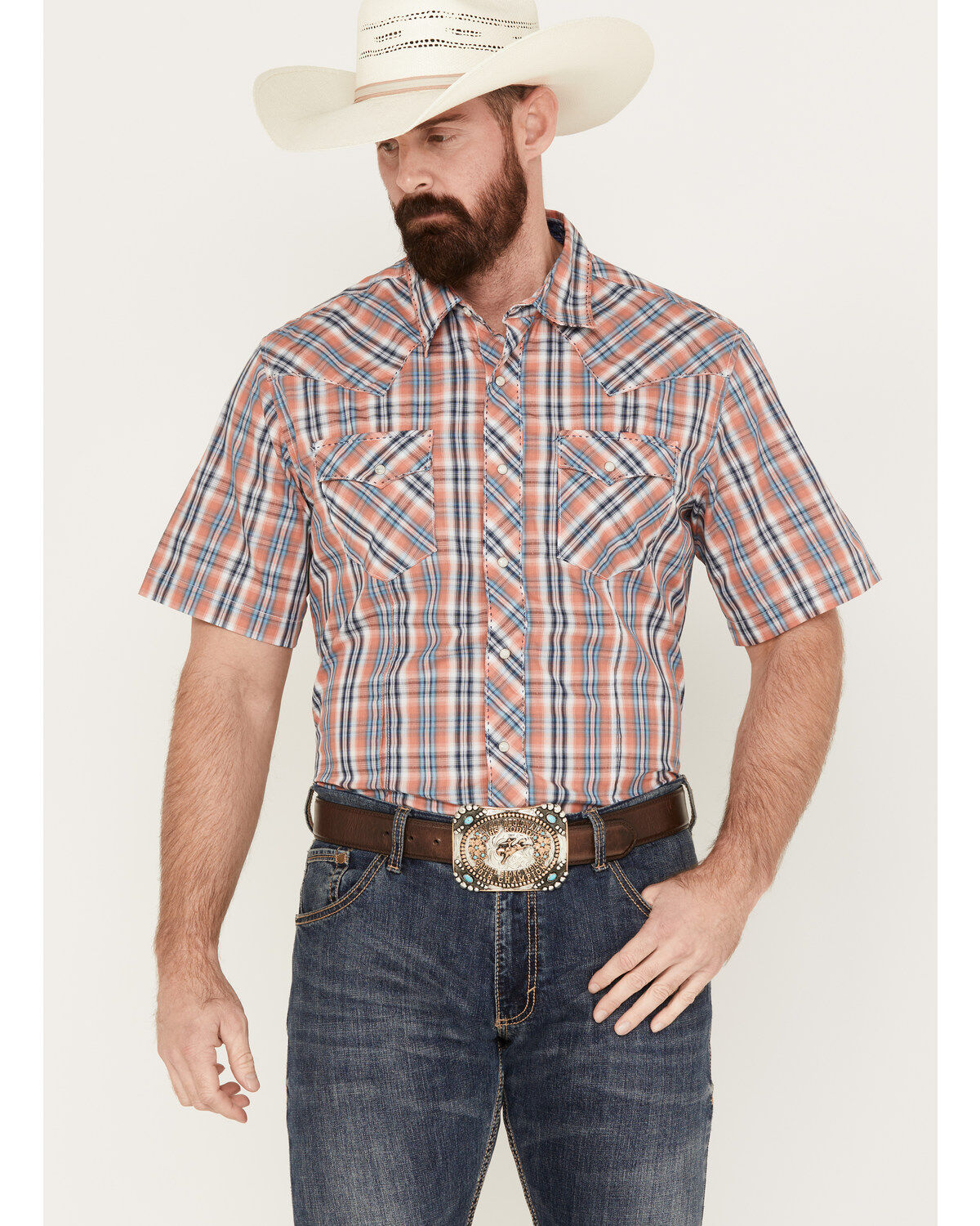 Men's Wrangler Fashion Plaid Print Short Sleeve Snap Western Shirt