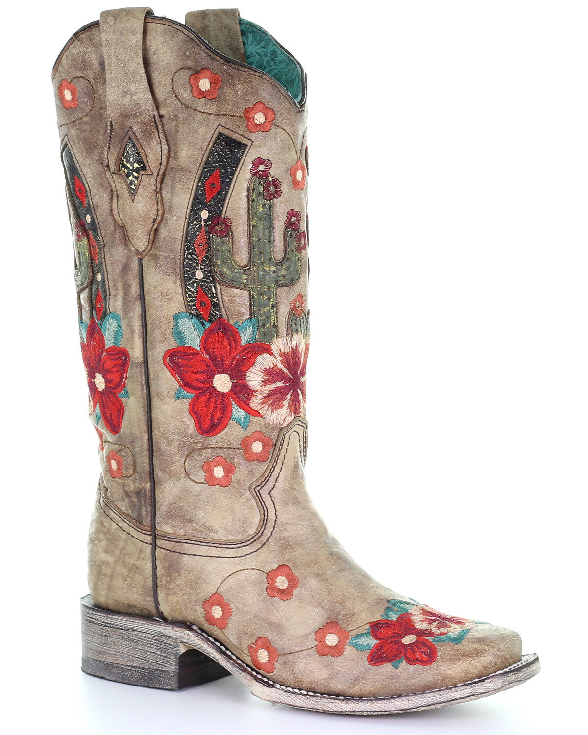 Women's Corral Cactus Floral Embroidery Overlay Western Boots - Square