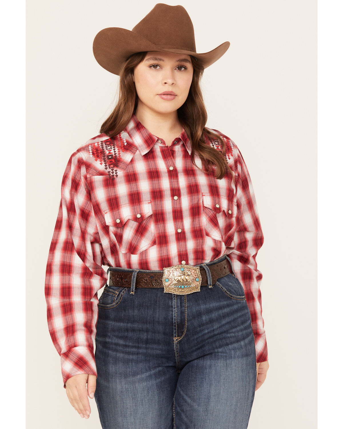 Women's Ariat Embroidered Plaid Print Long Sleeve Western Pearl Snap S
