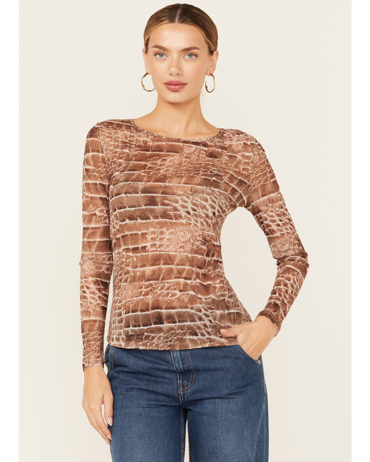 Women's Vocal Snake Print Long Sleeve Mesh Top