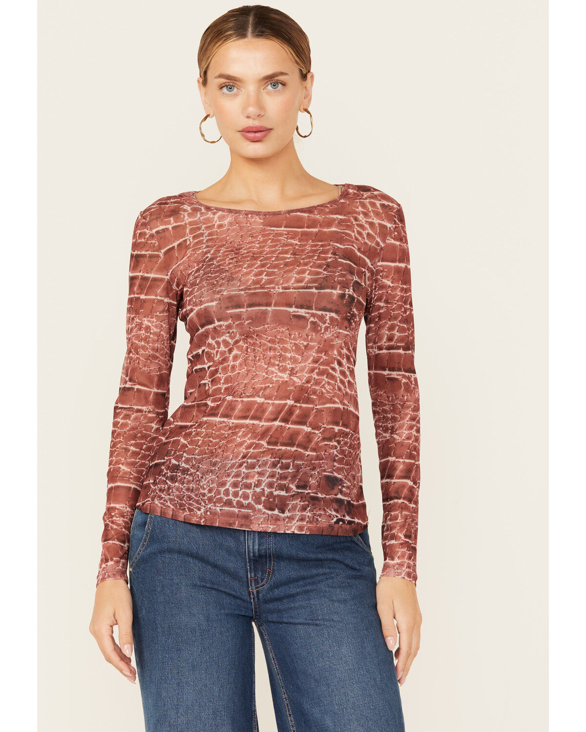 Women's Vocal Snake Print Long Sleeve Mesh Top