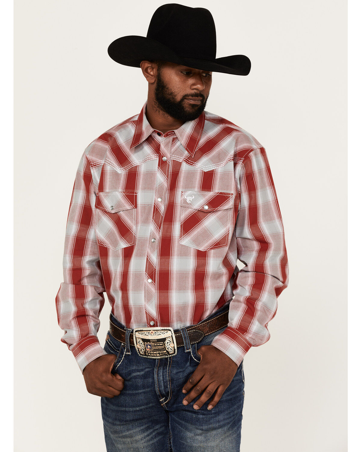 Men's Cowboy Hardware Burgundy Hombre Plaid Long Sleeve Pearl Snap Wes