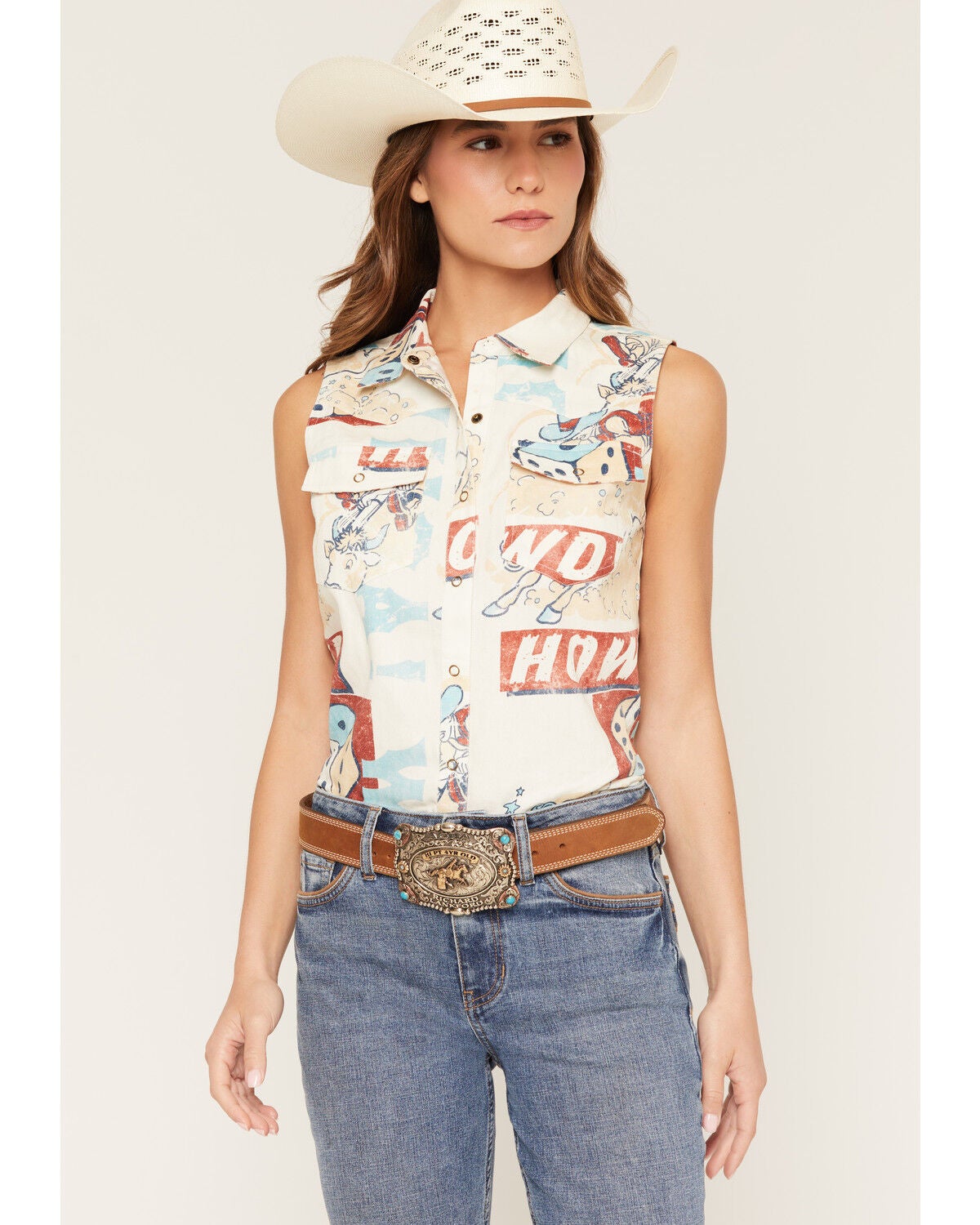 Women's Shyanne Santa Clara Conversation Print Sleeveless Snap Western