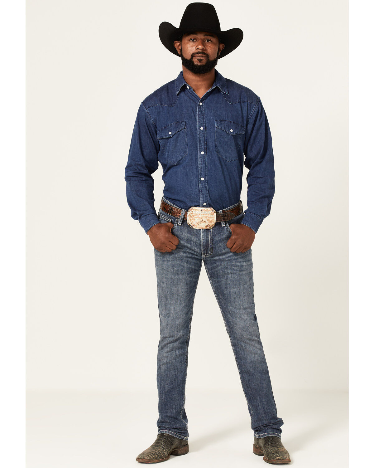 Men's Rock & Roll Denim Rifle Medium Wash Leather Pocket Stretch Strai