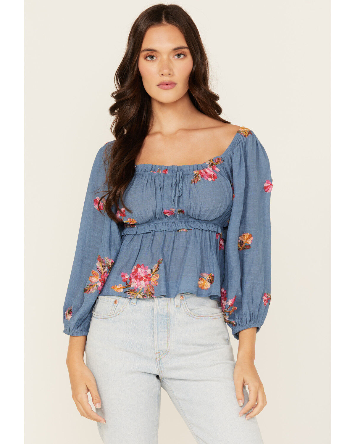 Women's Wild Moss Floral Embroidered 3/4 Sleeve Top