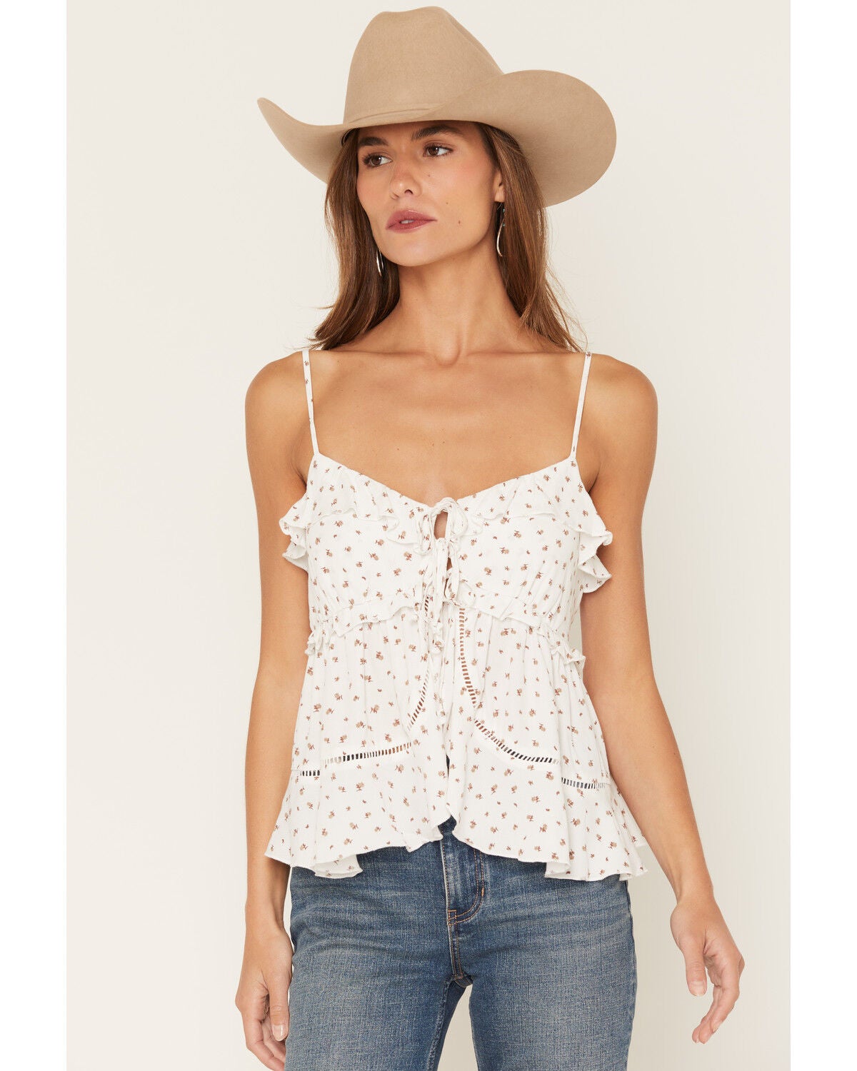 Women's Cleo + Wolf Floral Print Tie-Front Sleeveless Ruffle Cami