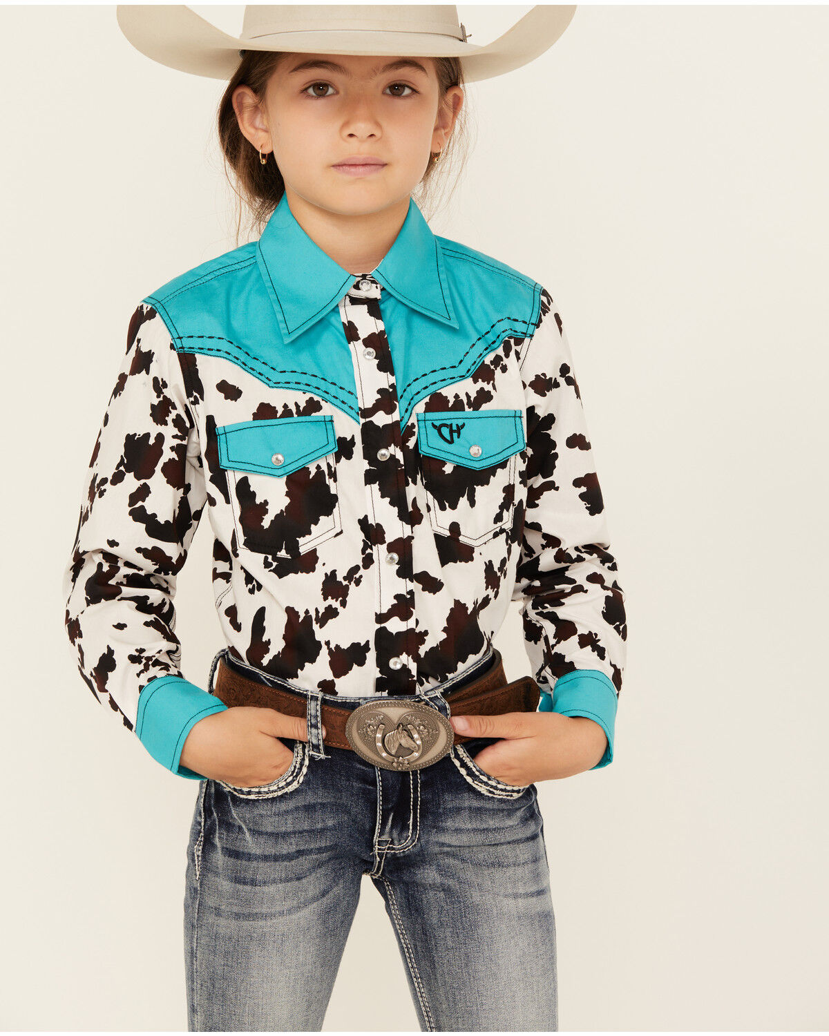 Girls' Cowgirl Hardware Moody Cow Print Long Sleeve Snap Western Shirt