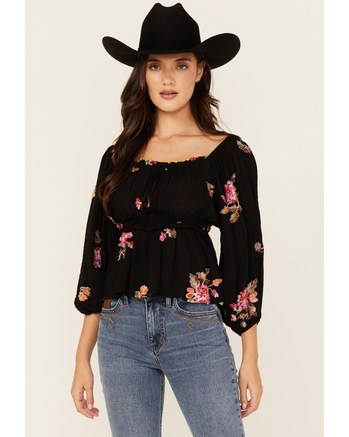 Women's Wild Moss Floral Embroidered 3/4 Sleeve Top