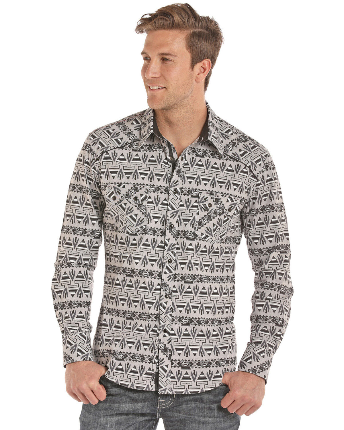 Men's Rock & Roll Denim Southwestern Chambray Print Long Sleeve Wester