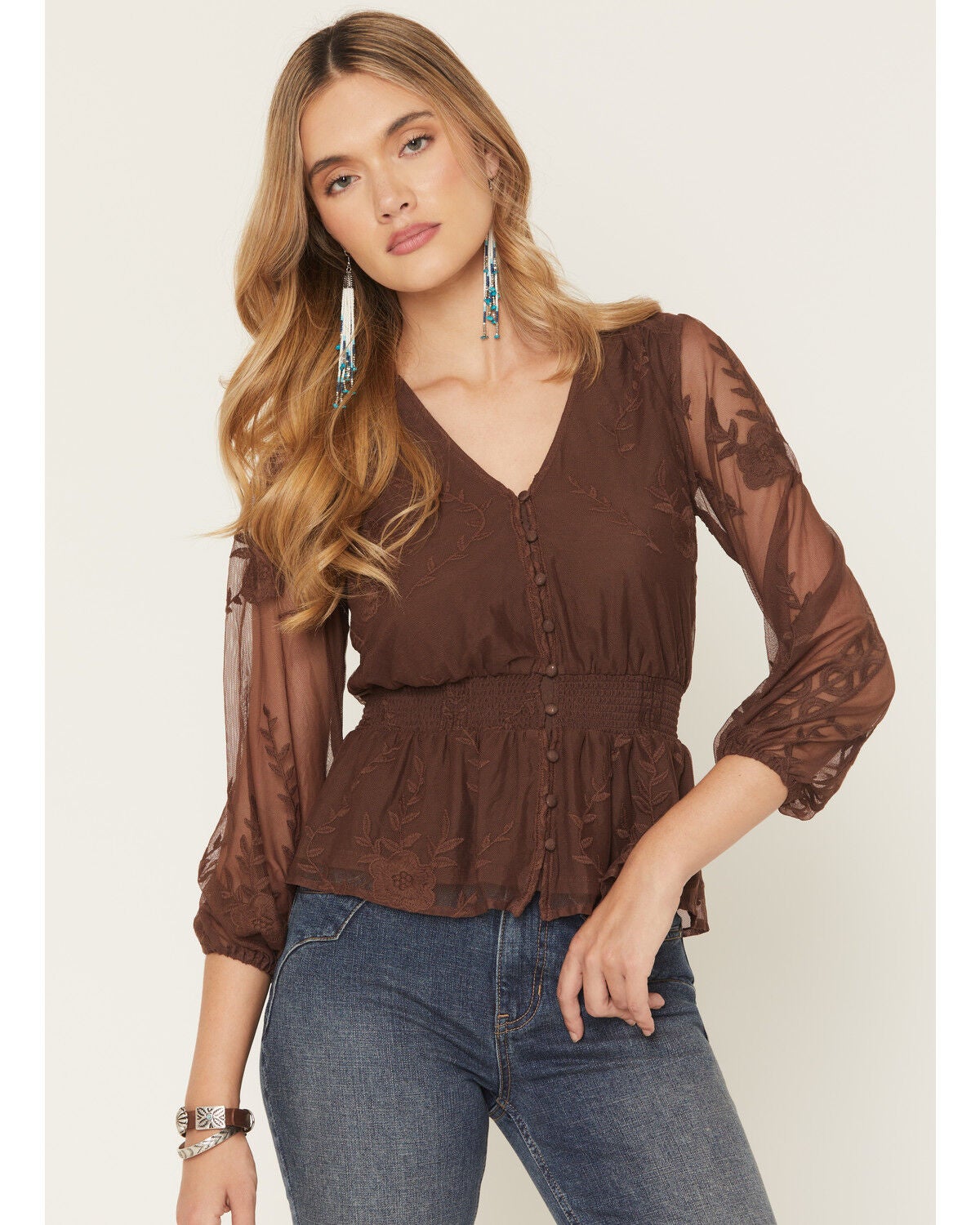 Shyanne Women’s Embroidered Mesh Long Sleeve Button-Down Shirt in Brown – Floral Western Top, Size XS