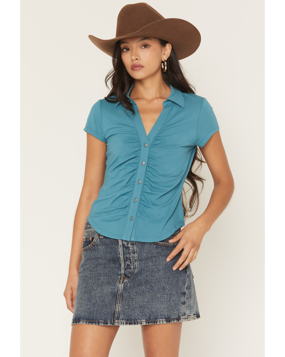Women's Shyanne Ruched Short Sleeve Button-Down Shirt