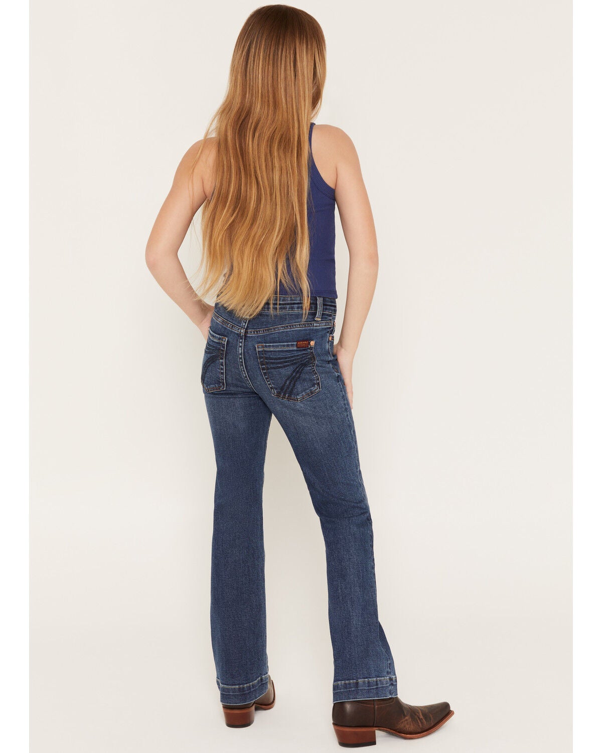 7 For All Mankind Girls Melrose Dark Wash Mini Dojo Trouser Jeans – Stretch Flare Denim Pants with Signature Back Pocket Stitching