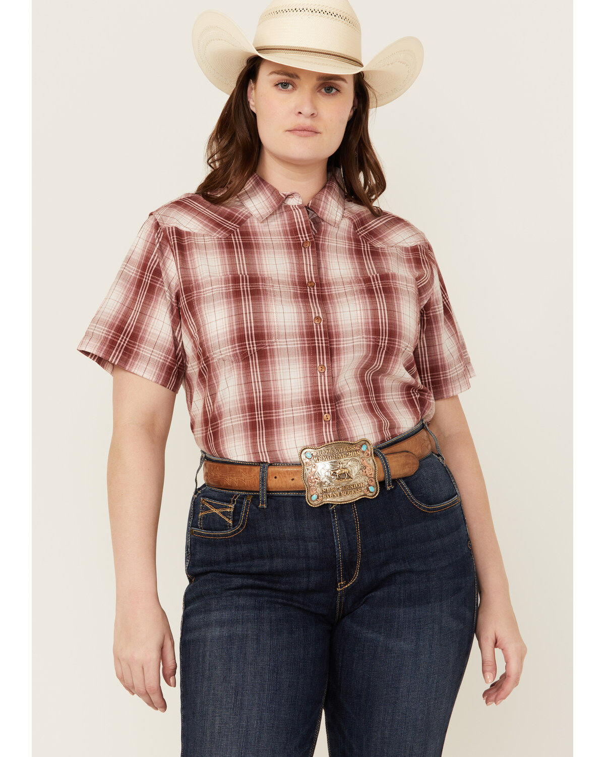 Women's Ariat R.E.A.L. Billie Jean Plaid Print Short Sleeve Button-Dow