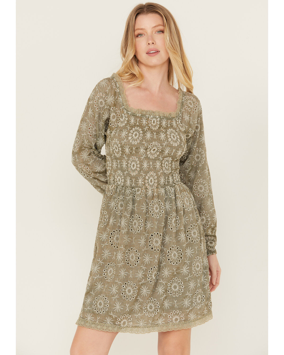 Women's Wild Moss Mineral Wash Smocked Long Sleeve Mini Dress