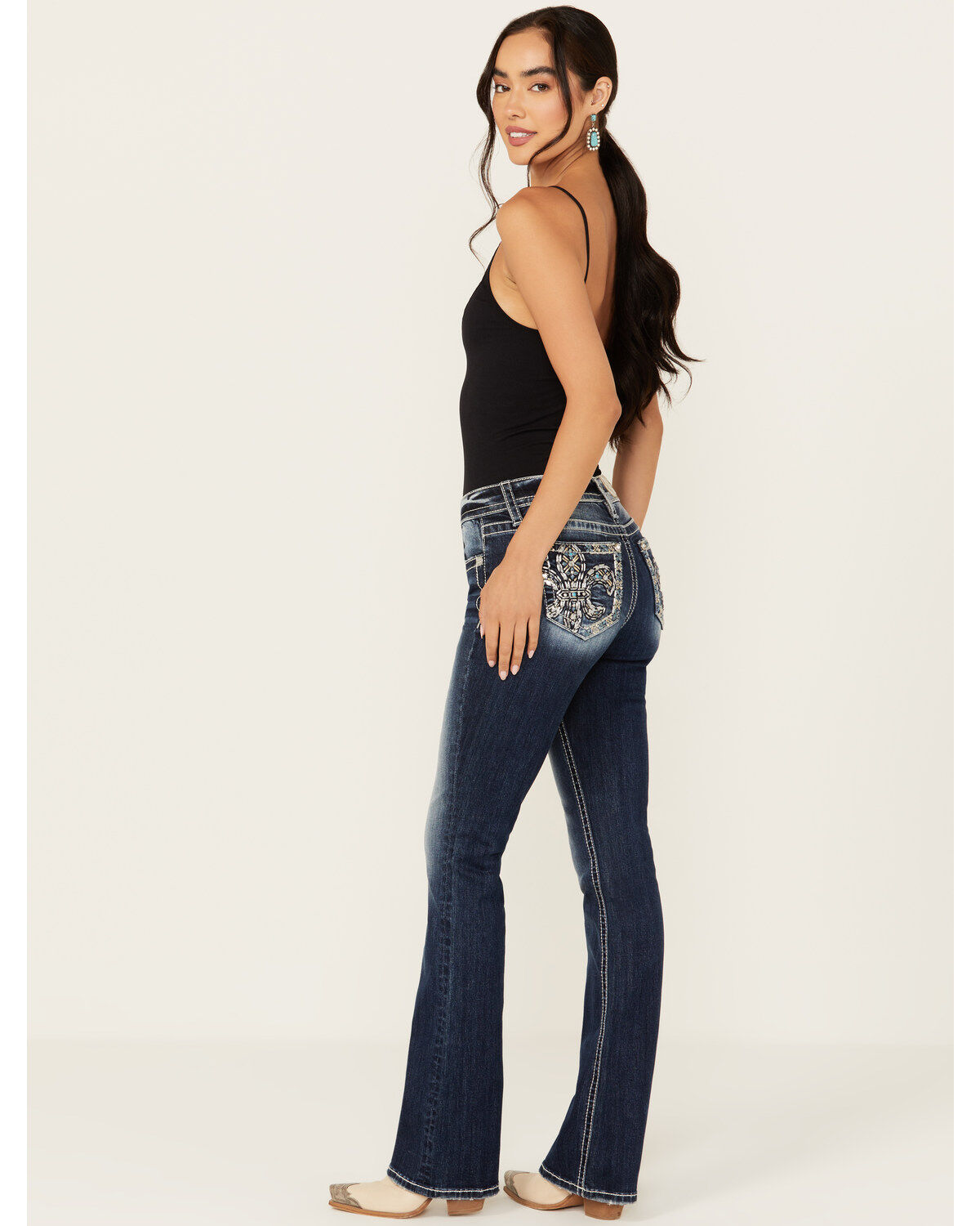 Women's Miss Me Dark Wash Fleur de Lis Bootcut Stretch Denim Jeans