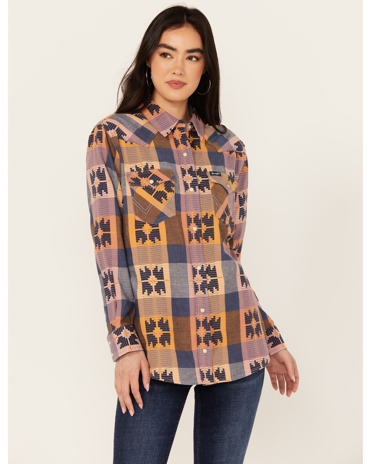 Women's Wrangler Retro Western Vintage Plaid Print Boyfriend Long Slee