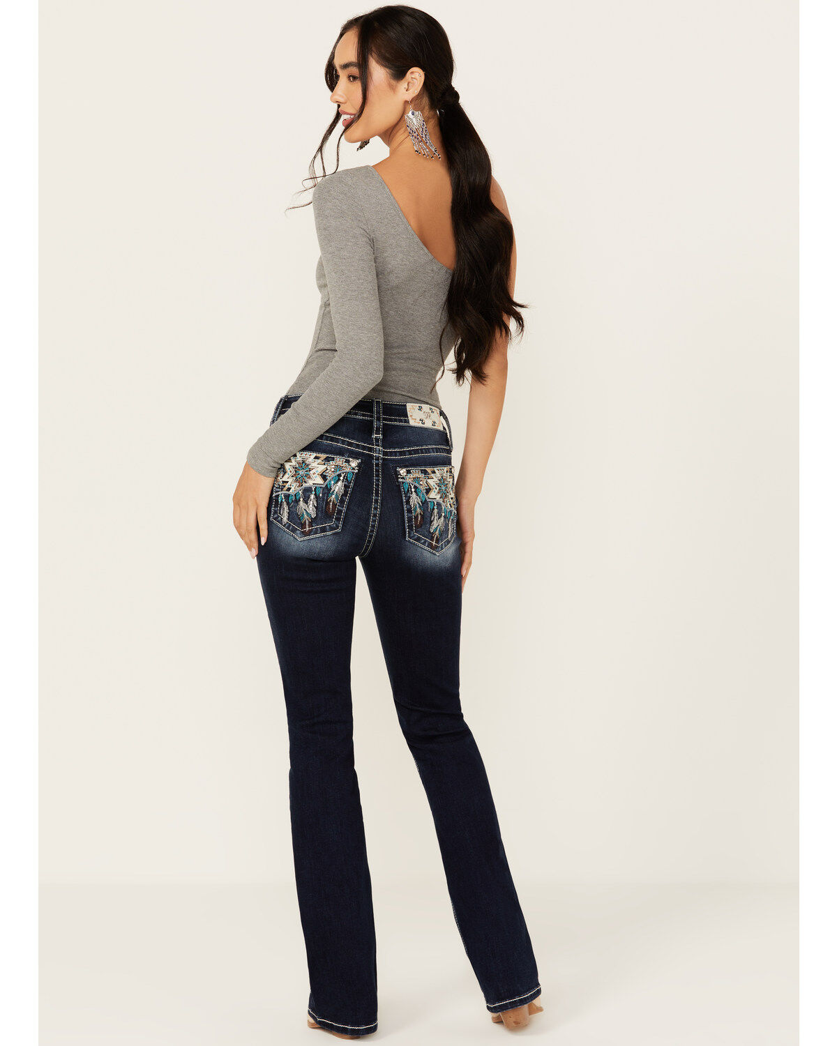 Women's Miss Me Dark Wash Mid Rise Feather Pocket Bootcut Stretch Deni